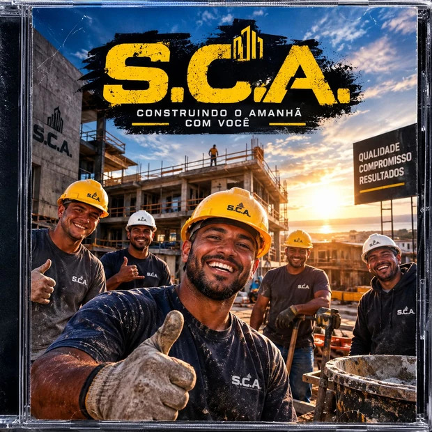 Capa artística da música: identidade S.C.A. em amarelo e cena ilustrada de construção